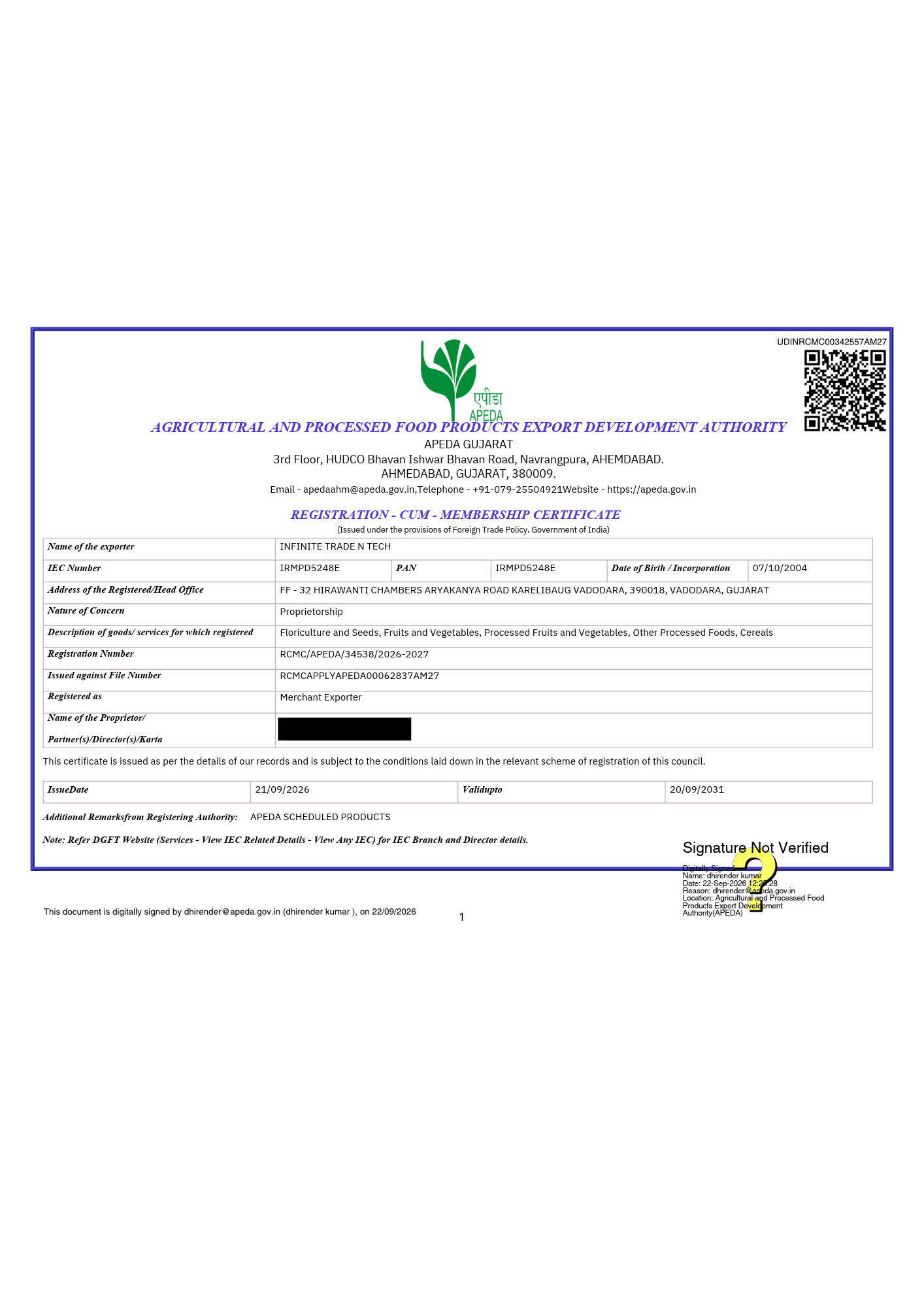 APEDA Registration Certificate - Infinite Trade N Tech